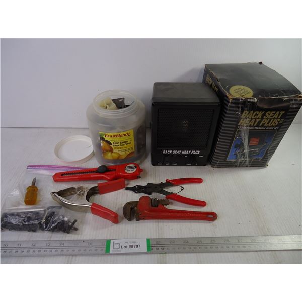 Back Seat Heater 12V(untested),Container of Hardware, Small Pipe Wrench and Misc. tools and hardware