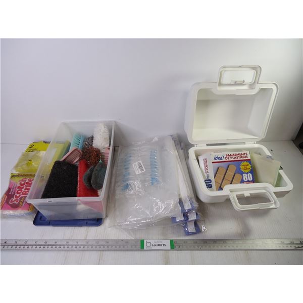 Container of Cleaning Scrubbers, Bandages and lot of Plastic Face Shields
