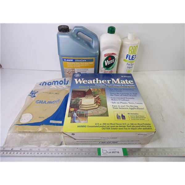 Grout Sealer, Weather Mate Protector, (sealed)Vim, Bio Flex Liquid and Chamois (partial contents, ca