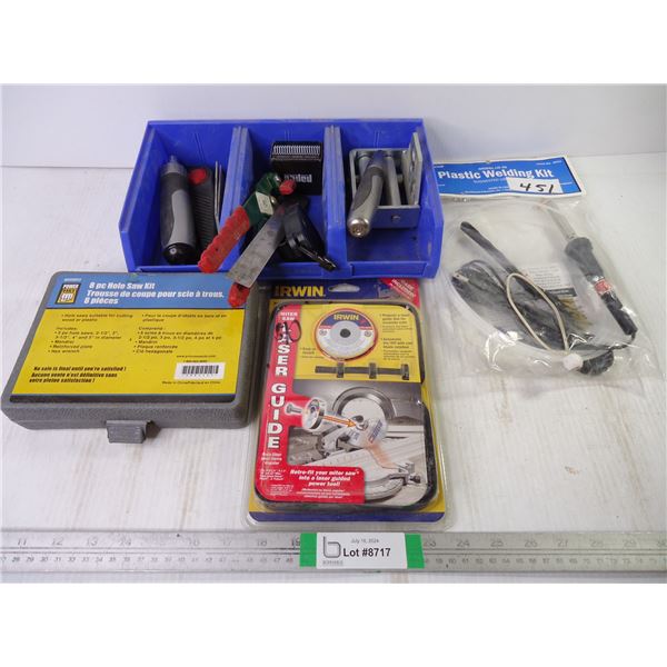 (8) PC. Hole Saw Kit(incomplete),Plastic Welding Kit, Miter Saw Laser Guide and Plastic Container wi