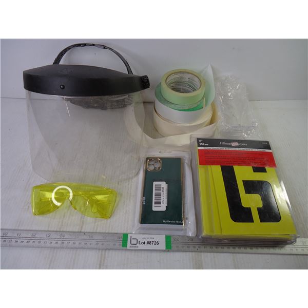 Plastic Face Shield, Safety Glasses, Drywall Tape, Oil Board Stencils, Phone Case,(2) small plastic 