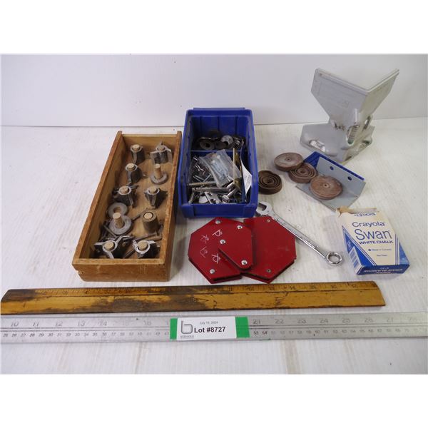 Box of Wood Plug Cutter Drill Bits,(3) Welding Magnets, Level, Chalk and Container of Hardware