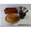 Image 1 : Wooden Container, Dishware,(2) Metal Bowls and Mortar and Pestle