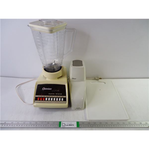 Osterizer Blender(powers on) with Food Processing Piece and Small Cutting Board