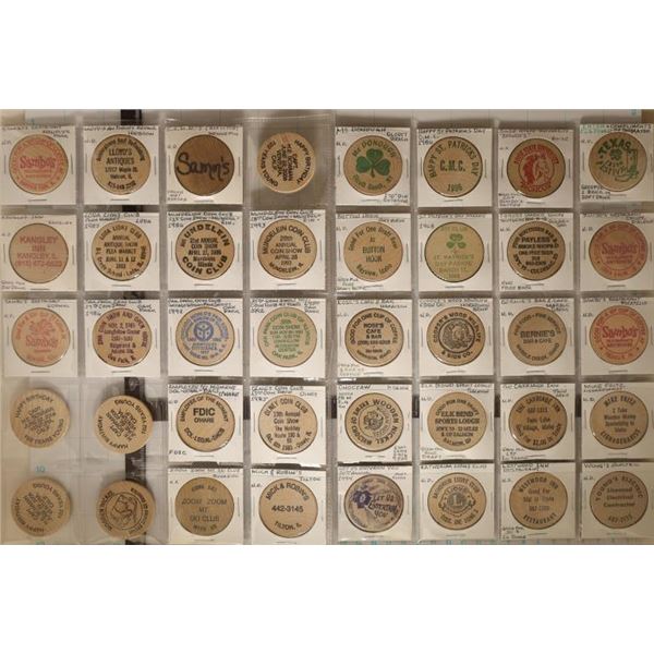 40 ASSORTED WOODEN NICKELS: OAK PARK COIN CLUB,
