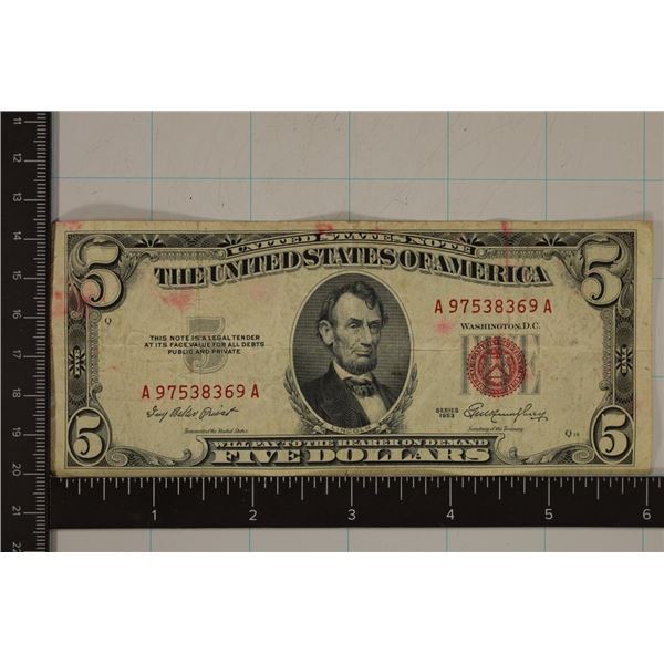 1953 US $5 RED SEAL NOTE INK STAINS ON BOTH SIDES