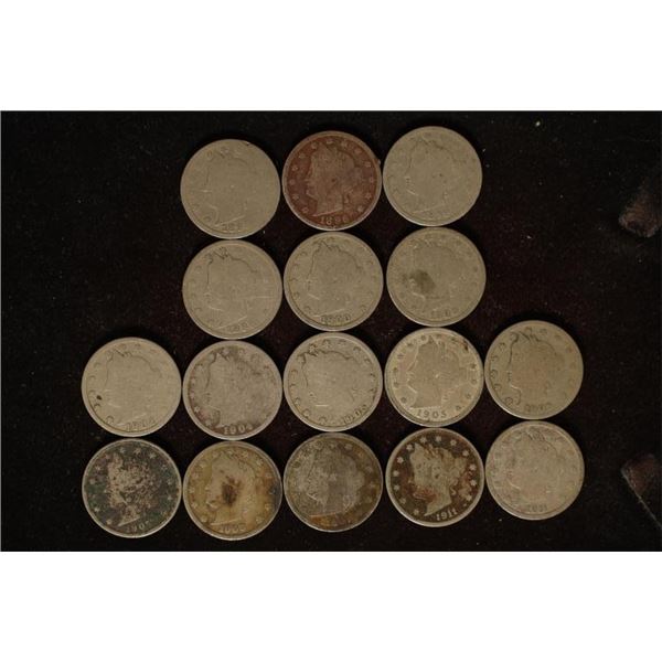 19-ASSORTED LIBERTY "V" NICKELS: 1887-1911