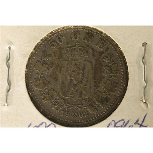 1902 NORWAY SILVER 50 ORE .0964 OZ. ASW