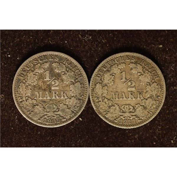 1905-A & 1911-D GERMAN SILVER 1/2 MARKS .1604