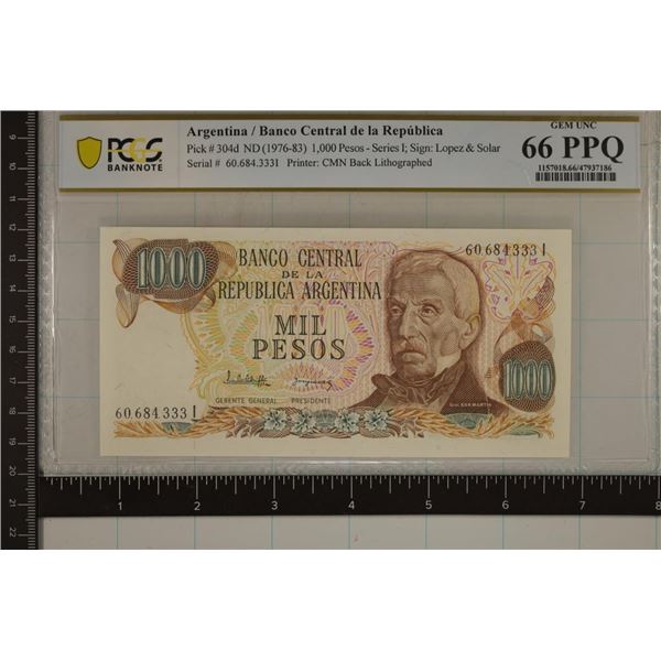 ARGENTINA 1000 PESO BILL PCGS 66PPQ GEM UNC