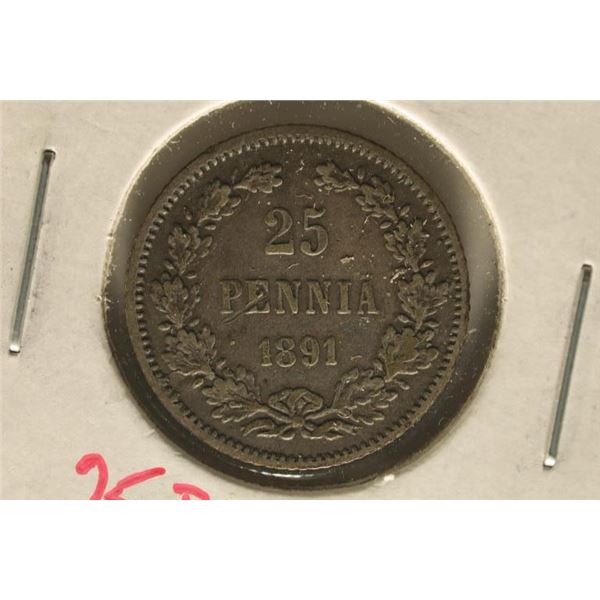 1891-L FINLAND SILVER 25 PENNIA .0307 OZ. ASW