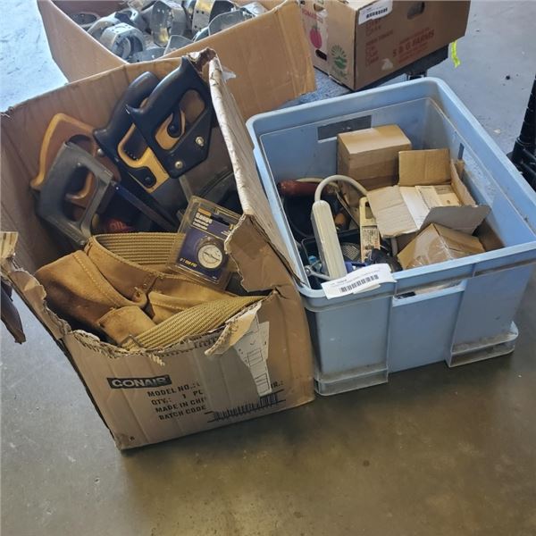 2 BOXES OF HAND SAWS, POWER CORDS, TOOL BELT, ETC