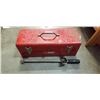 Image 1 : RED METAL TOOL BOX W/ CONTENTS AND FOOT METER