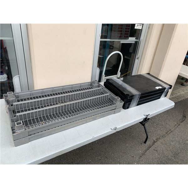 BLACK PLASTIC 4 TIER STORAGE SHELF, 28 X 15 INCH AND GREY 2 TIER SHELF UNIT