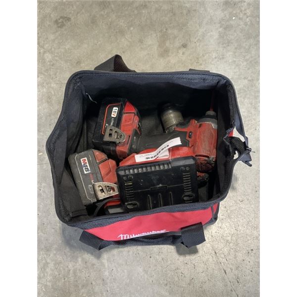 MILWAUKEE DRILL AND IMPACT WITH 2 M18 BATTERIES, CHARGER AND BAG, TESTED WORKING