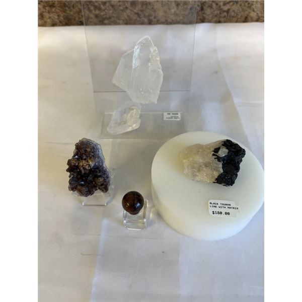 CLEAR QUARTZ DISPLAY WITH RED TIP AMETHYST, BLACK TOURMALINE MATRIX AND MUSHROOM CARVED STONE