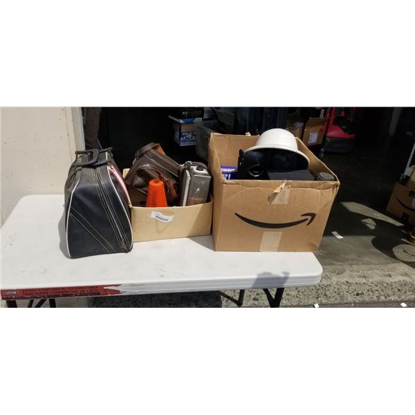 TWO BOXES OF ESTATE ITEMS AND BOWLING BALL
