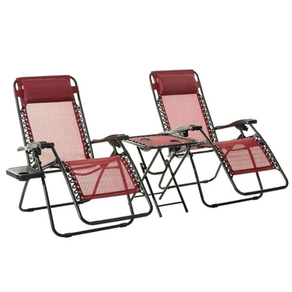 BRAND NEW 3PC ZERO GRAVITY CHAIR SET - 2 CHAIRS W/ CUP HOLDERS AND SIDE TABLE