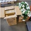 Image 1 : BOX OF FAKE FLORAL BOUQUETS AND BOX OF PILLAR STYLE CANDLE HOLDERS