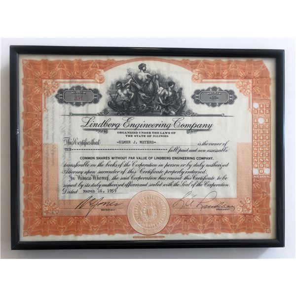 Framed Lindberg Engineering Company Stock Certificate