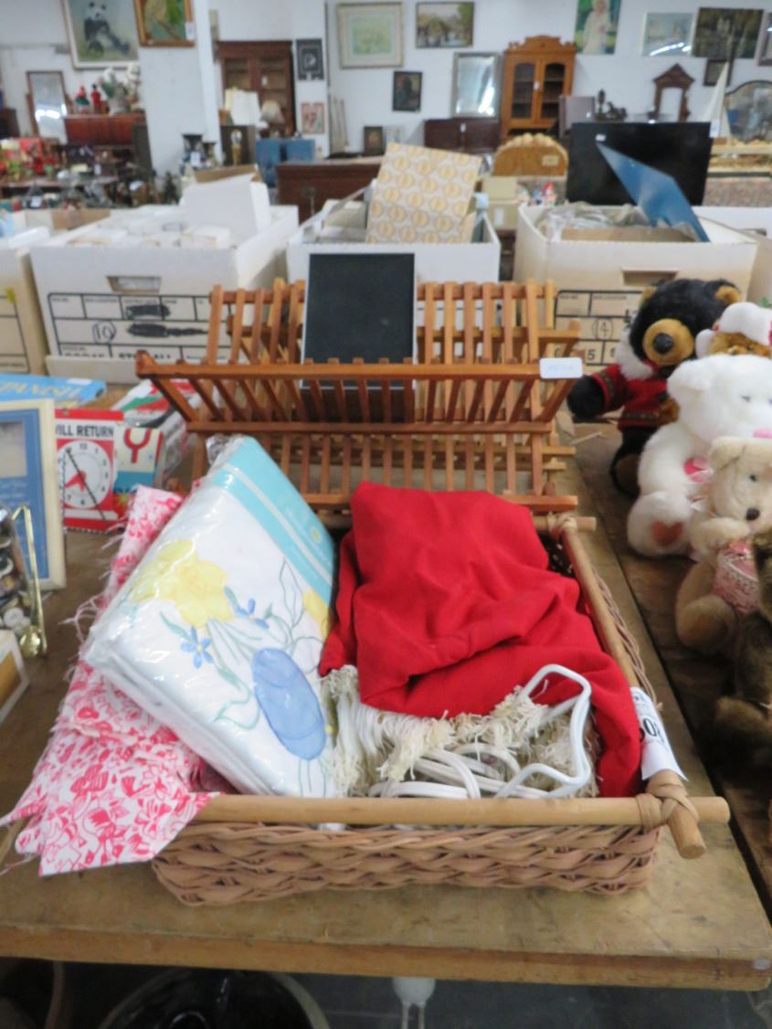Floral Tablecloth, Basket w/Linens, Wooden Storage Racks