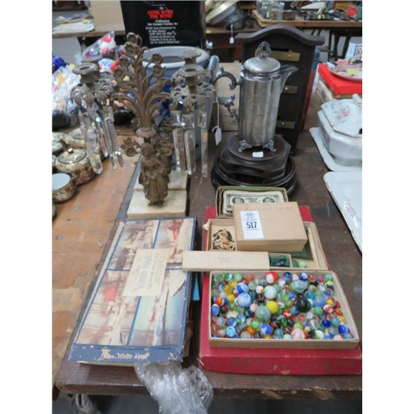 Cast Figural Candle Stands, Vtg. Playing Cards, Marbles, Glazed Vase & More
