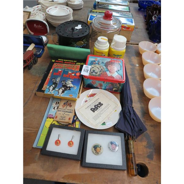 Annie Lunch Box, Snoopy Thermoses, Roy Rogers Pins, 1902 Sears Catalogue, &
