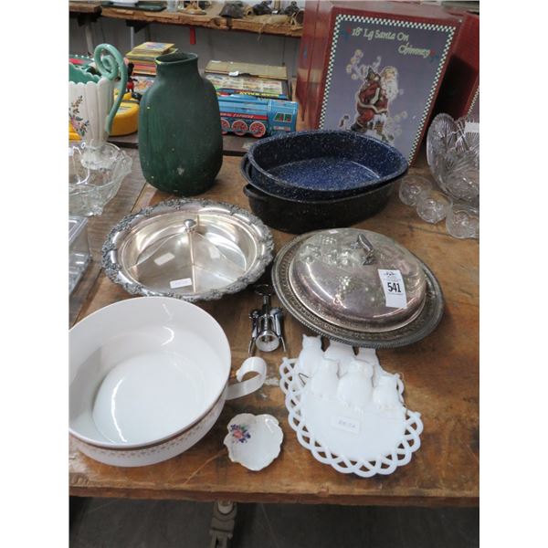Wine Opener, Silverplate Dishes, Painted Vase, Enamel Bakeware