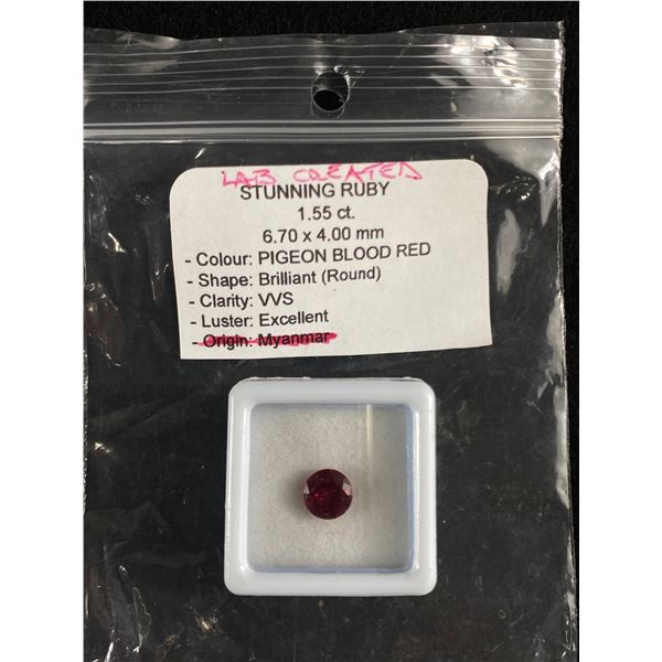 Lab Created Stunning Ruby 1.55ct. Pigeon Blood Red- Brilliant Round-VVS