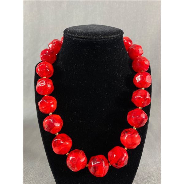Vintage 19" L Chunky Cherry Red Art Deco Style Choker Necklace