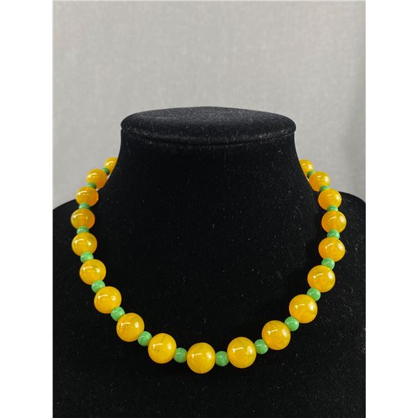 Vintage Yellow Agate and Green Jade Beaded Necklace with Art Deco Style Clasp