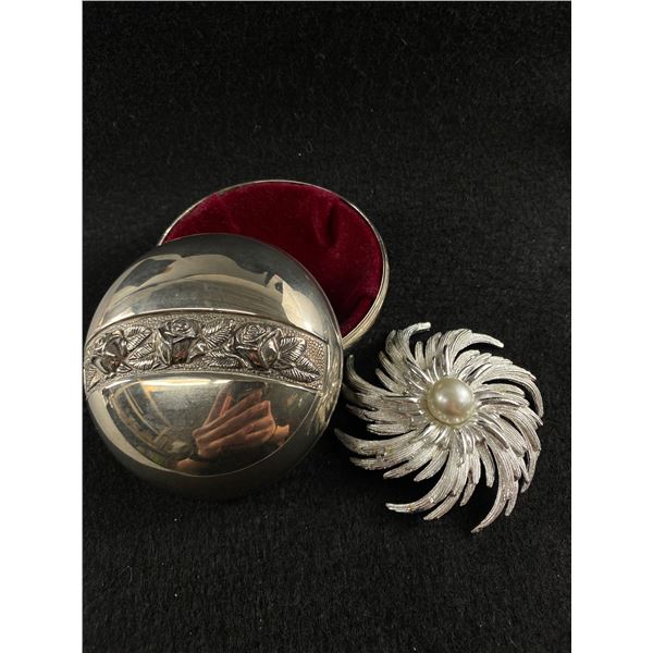 Silver Plated Jewelry Trinket Box With a Vintage Sarah Coventry Silvertone Pinwheel Brooch with Larg