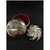 Image 1 : Silver Plated Jewelry Trinket Box With a Vintage Sarah Coventry Silvertone Pinwheel Brooch with Larg