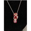 Image 2 : Cute Flip Flop Sandel Enamel Hibiscus Crystal Flower Pendant on a Silvertone Necklace