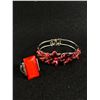 Image 1 : Large Rectangular Red Stone Silver Tone Ring with Red Flower Clasp Bracelet