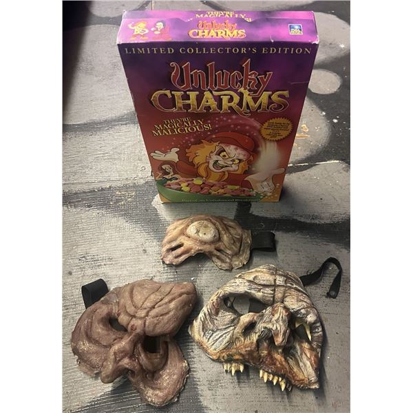 UNLUCKY CHARMS SILICONE AND LATEX LEPRECHAUN MASKS CHEST AND CEREAL BOX USED IN PROMOS