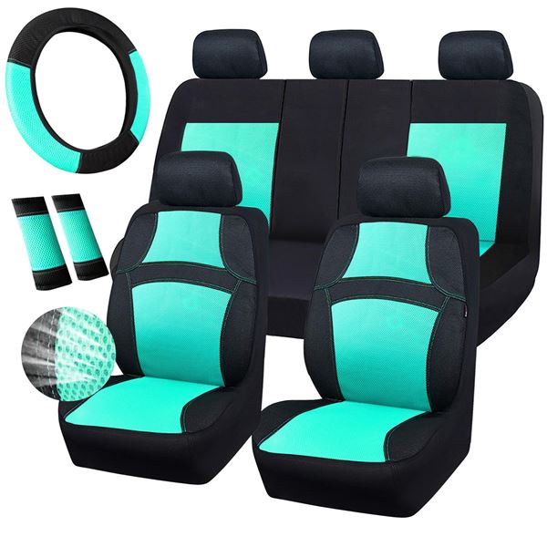 Lot of 1 Car Pass Universal Seat Cover Set - 14PCS - Black + Mint Blue - Brand New