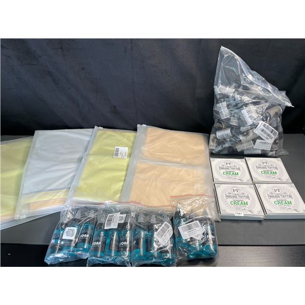 Lot of Assorted Tattoo Supplies - Practice Skin, Numbing Creams, Black Inks + Cleaning Solutions