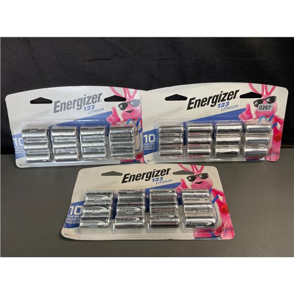 Lot of 3 Multi-Packs of Energizer 123 Lithium Batteries -12 PCS Each/36 Total - Brand New!