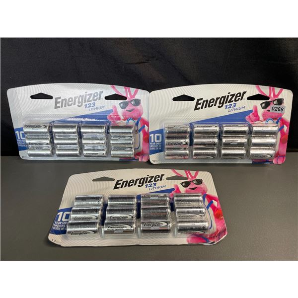 Lot of 3 Multi-Packs of Energizer 123 Lithium Batteries -12 PCS Each/36 Total - Brand New!