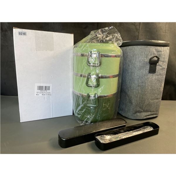 Lot of 1 Stackable 3-Layer Bento Lunch Box w/ Insulated Carrying Bag & Cutlery Set - Brand New