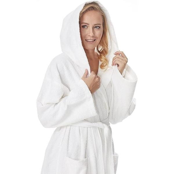 Lot of 1 Arus Women's Hooded Bath Robe - White - Fits Size L-XL - Brand New