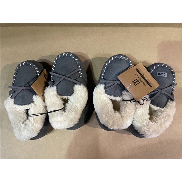 Lot of 2 Pairs of Kids Fuzzy Moccasin Style Slippers - Kids 9-10 - Brand New!
