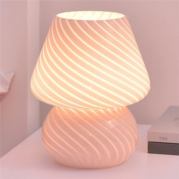 Lot of 1 Glass Mushroom Table Lamp/Bedside Lamp - Pink Striped - 7.5 inch - Brand New