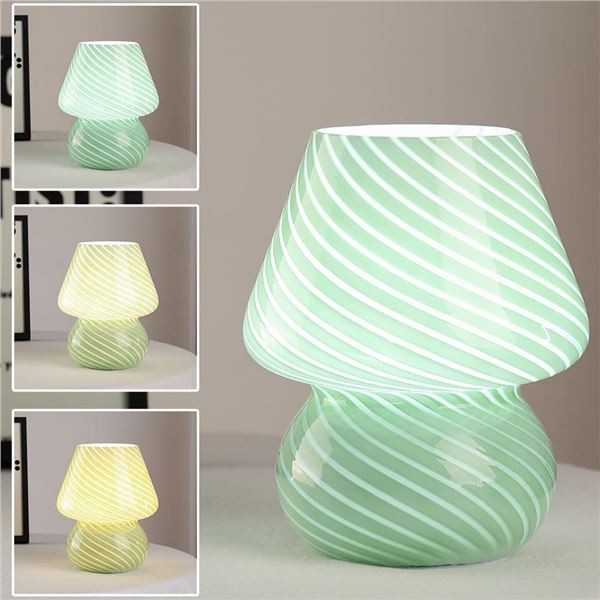 Lot of 1 Glass Mushroom Table Lamp/Bedside Lamp - Green Striped - 7.5 inch - Brand New