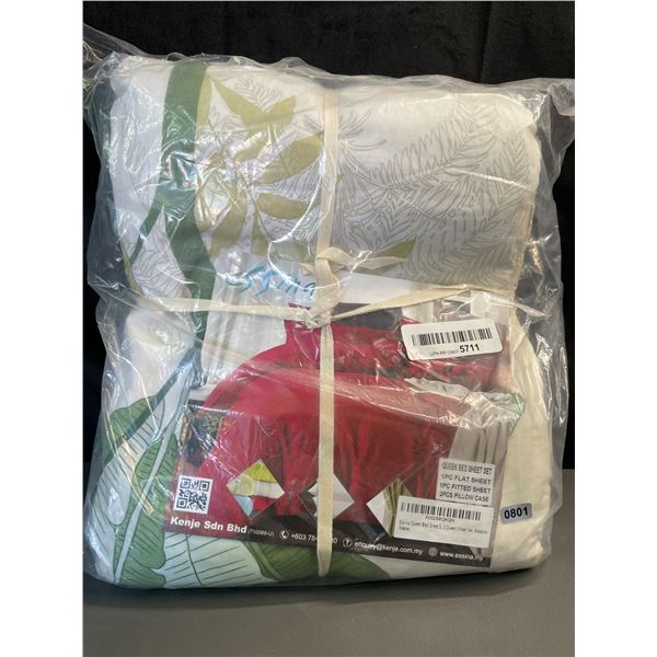 Lot of 1 Essina Queen Size Bed Sheet Set - 4PCS - Green Palm Leaf/Meadow Design - Brand New