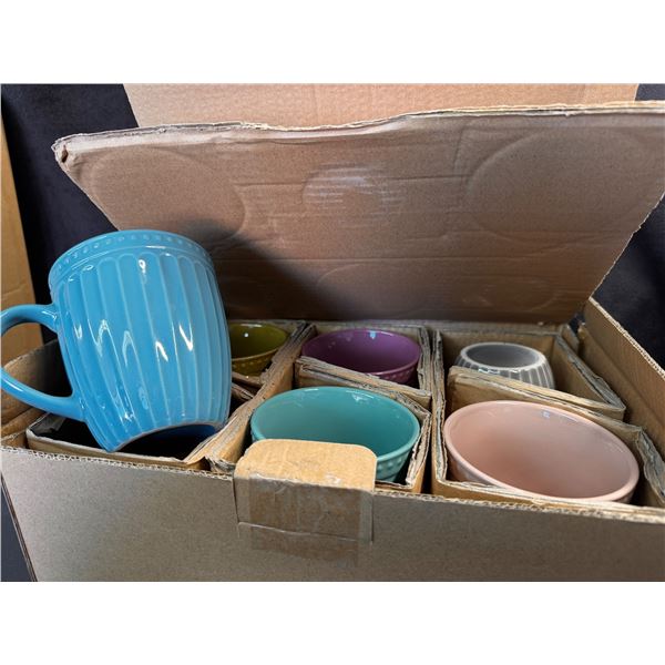 Lot of 1 Box of Porcelain Fluted Mugs Assorted Colours