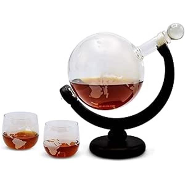 Lot of 1 Glass Globe Style Whiskey Decanter Set - 850ml - Brand New!