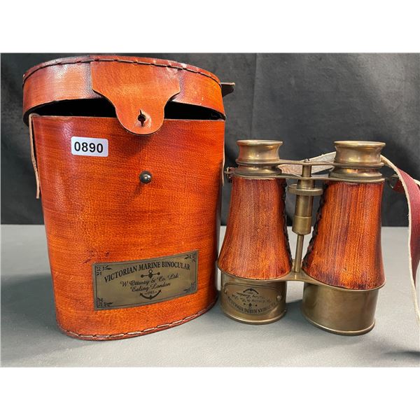 Lot of 1 Pair of Victorian Marine Brass Leather Binoculars - 1915 Vintage Binoculars