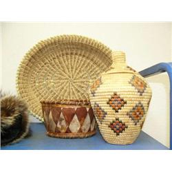 Lot of 3 baskets: 11" Yup'ik Eskimo basket, 9" birch bark basket, 21" handmade basket with seashells